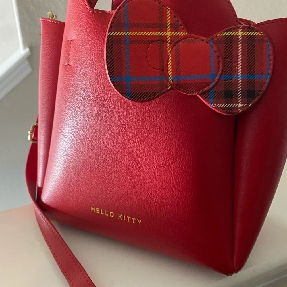 Sanrio Hello Kitty Red tote bag tartan check ribbon PU leather (rare)